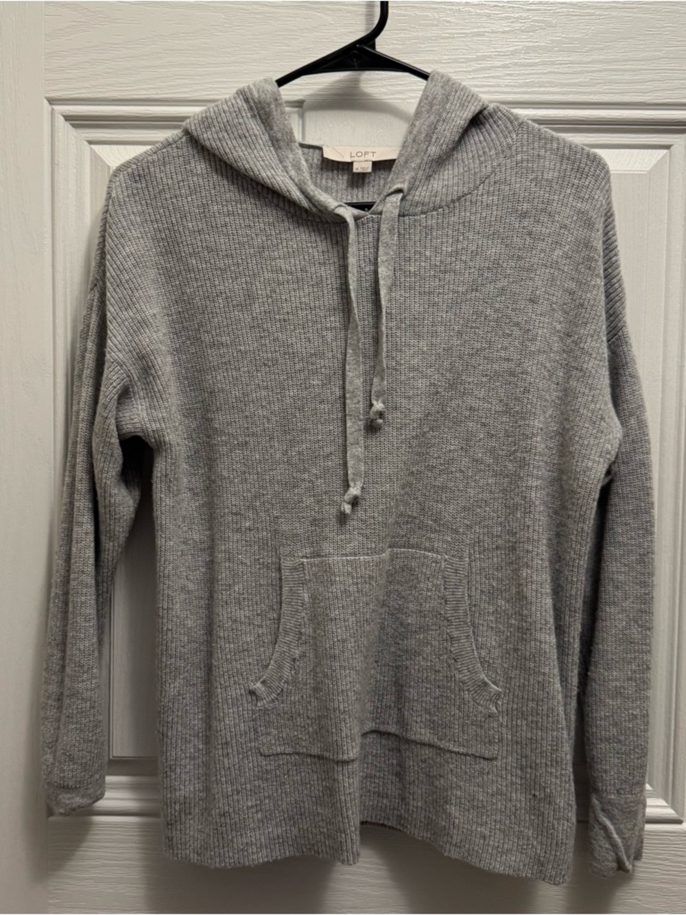 LOFT Light Gray Ribbed Knit Hooded Pullover